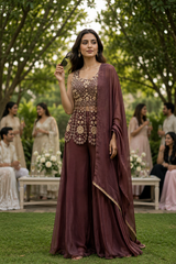 Burgundy Gold Embroidered Peplum Palazzo Set