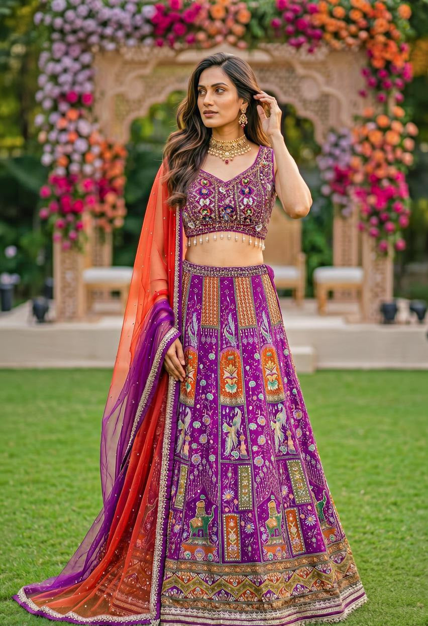 Magenta Navratan Folk Lehenga Couture Ensemble