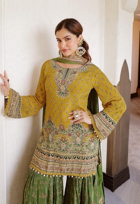 Mustard kurta with multicolour jewel detailing and contrasting olive dupatta