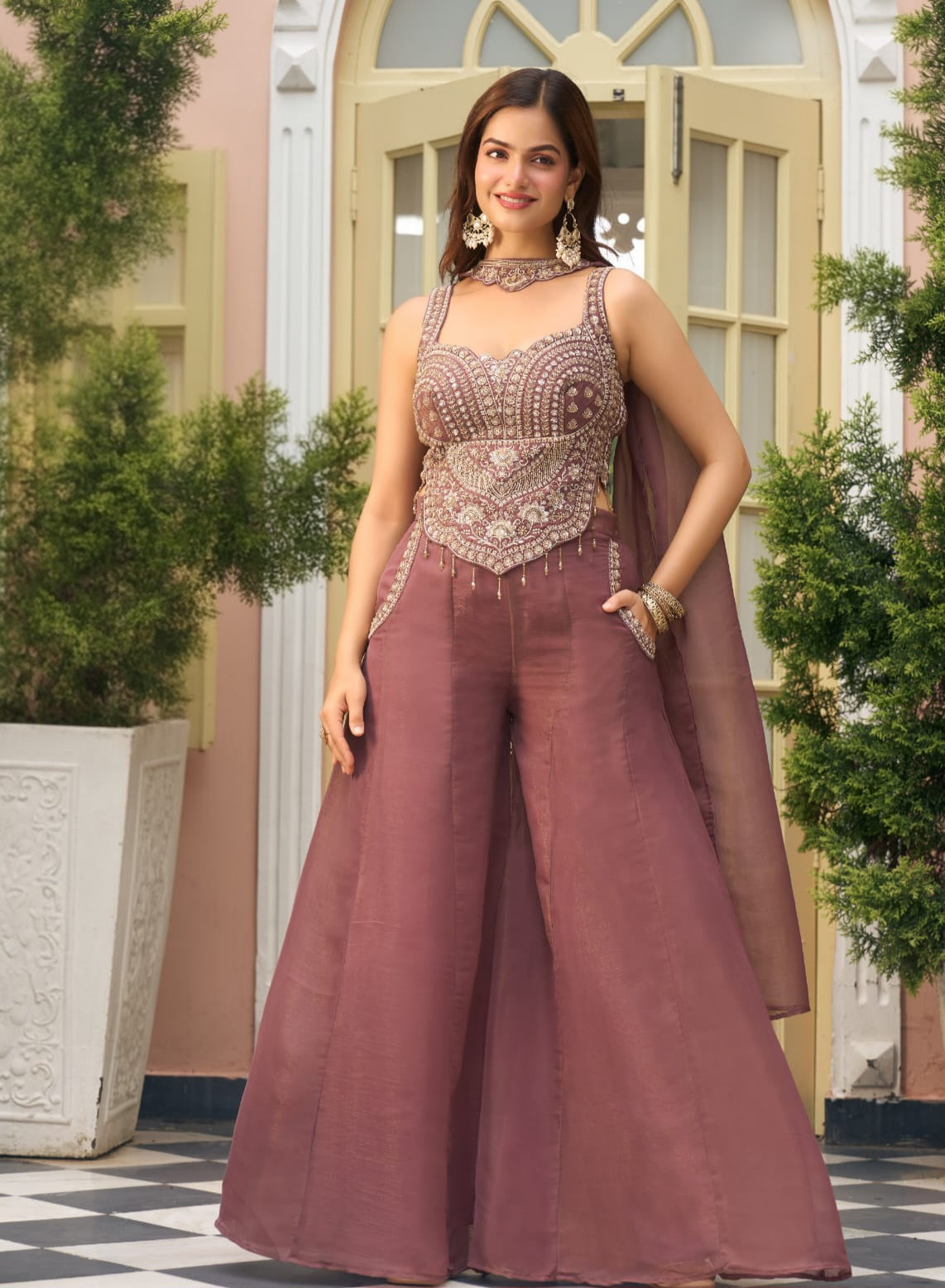 Dusty Rose Gold Jewel Corset Palazzo Set