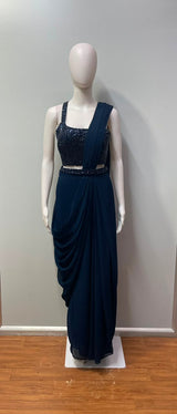 Midnight Navy Crystal Pre-Draped Saree Set