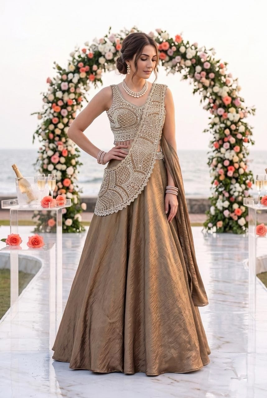 Champagne Bronze Silver Jewel Draped Lehenga Set