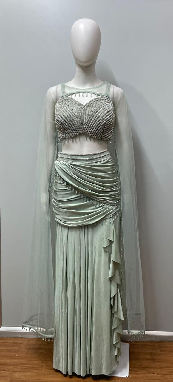 Mint Pearl Draped Cape Lehenga Set