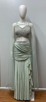 Mint Pearl Draped Cape Lehenga Set