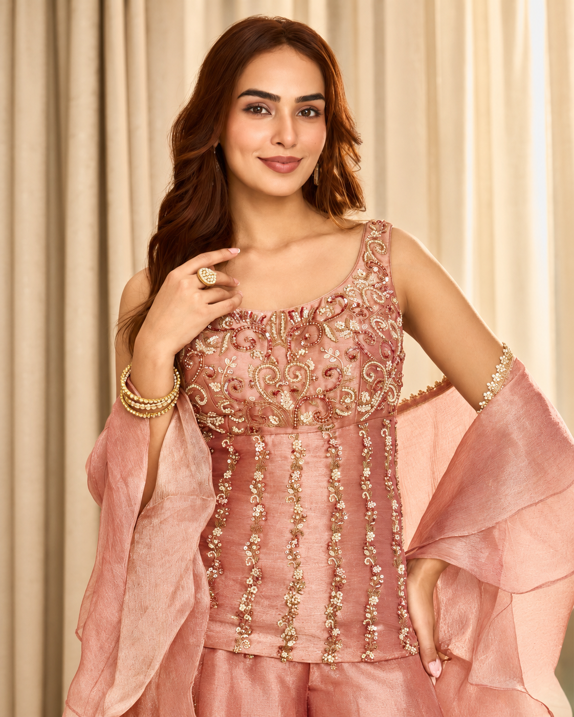 Peach Rose Antique Gold Jewel Palazzo Set