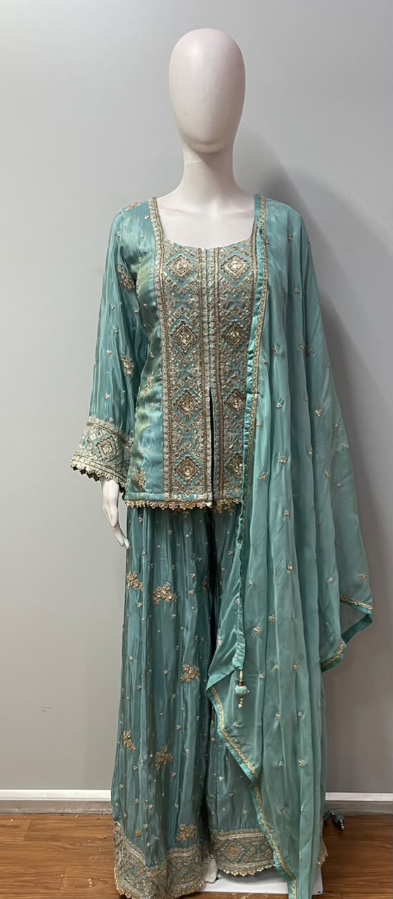 Dusty Turquoise Antique Gold Geometric Sharara Set