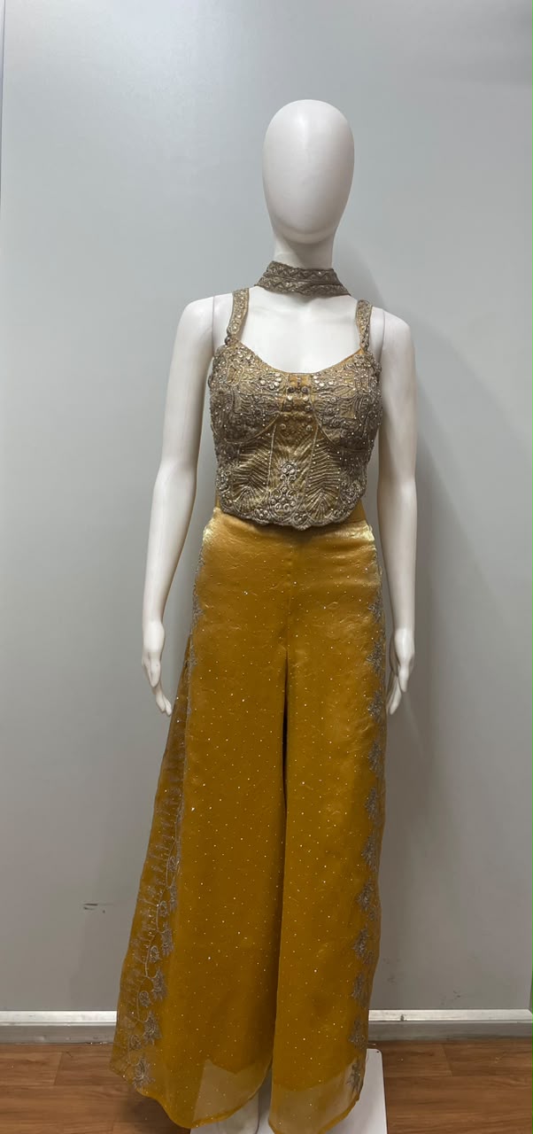 Mustard Gold Embroidered Corset Palazzo Set