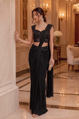 Black Crystal Jewel Draped Saree Set