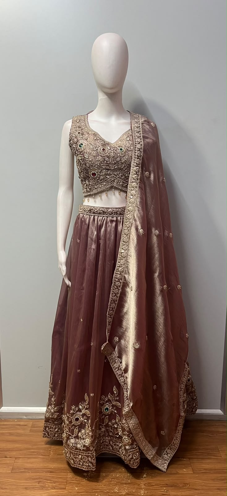 Dusty Mauve Bronze Antique Gold Jewel Lehenga Set
