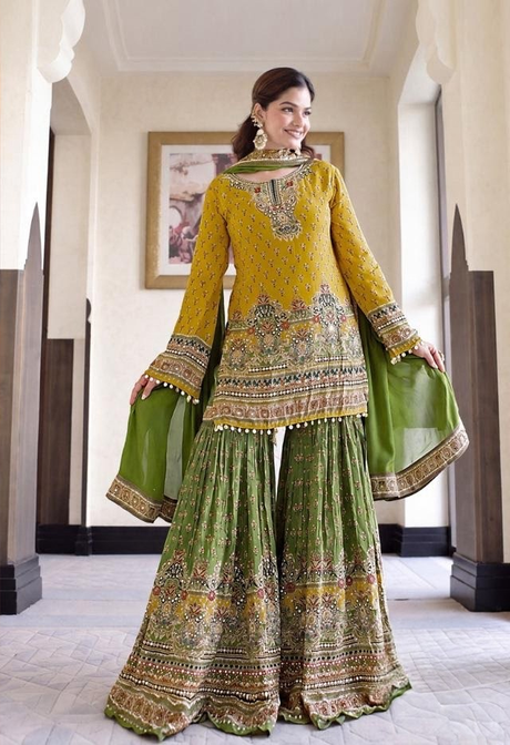 Mustard olive sharara set with jewel-worked kurta and flared sharara pants