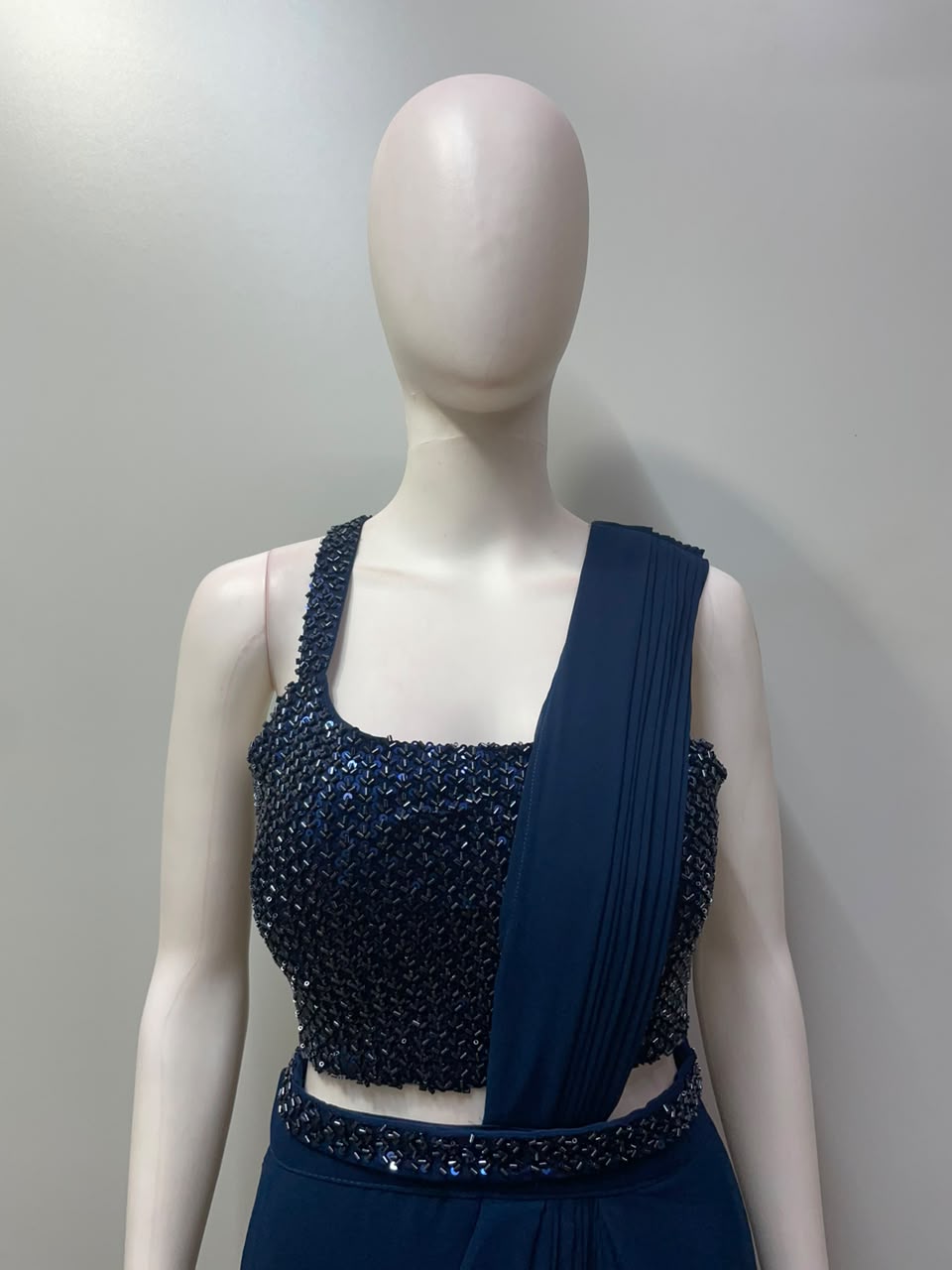 Midnight Navy Crystal Pre-Draped Saree Set