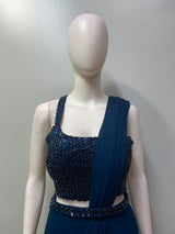 Midnight Navy Crystal Pre-Draped Saree Set