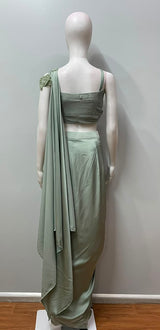 Sage Pearl Floral Draped Saree Set
