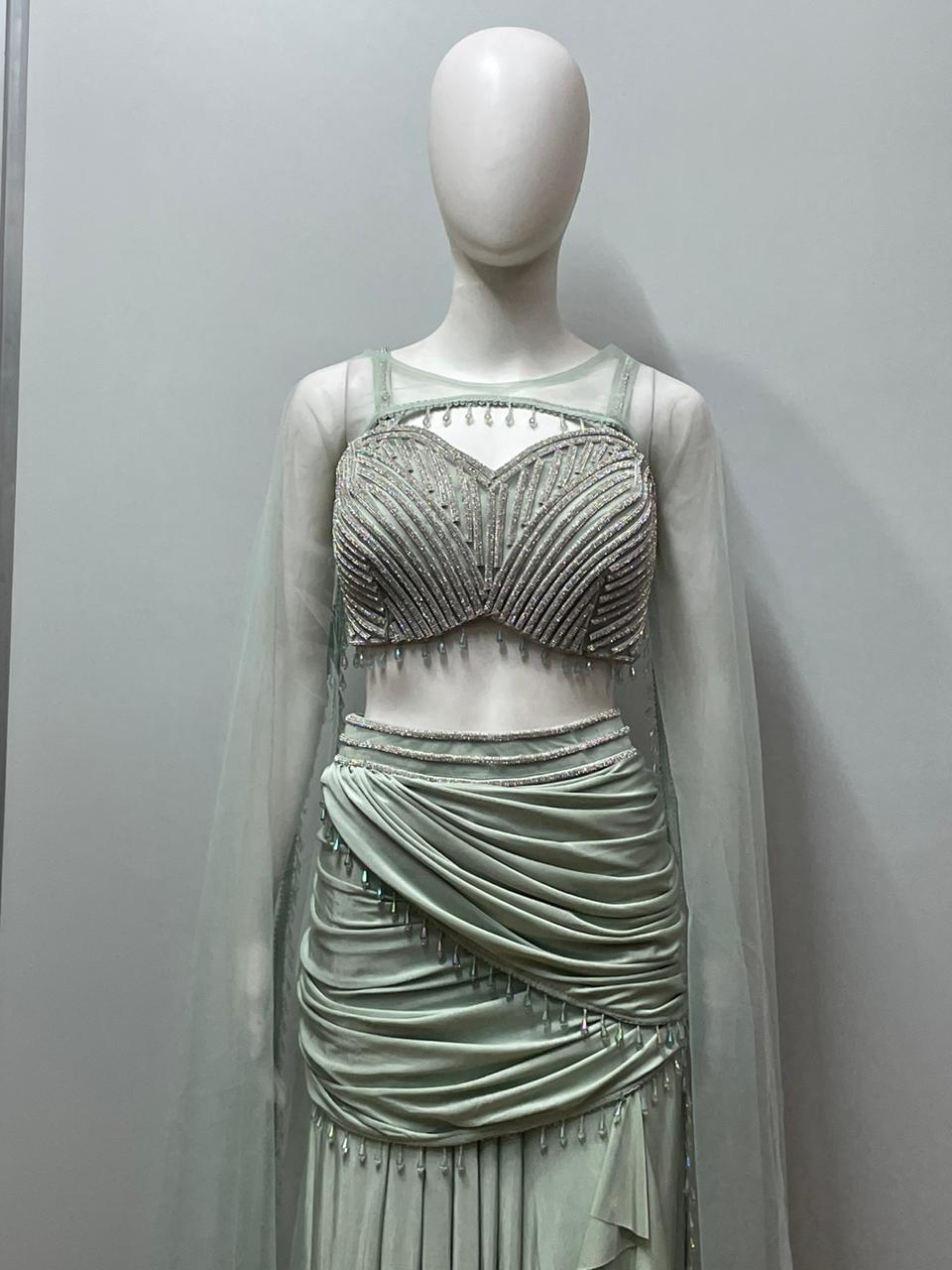 Mint Pearl Draped Cape Lehenga Set