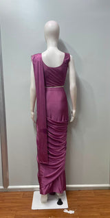 Mauve Silver Peacock Embroidered Draped Saree Set
