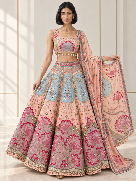 Peach lehenga set with multicolour floral motifs, powder-blue panels and reflective detailing
