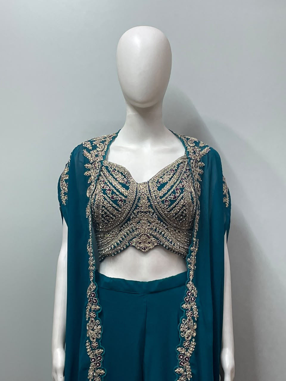 Peacock Jewel Embroidered Cape Palazzo Set