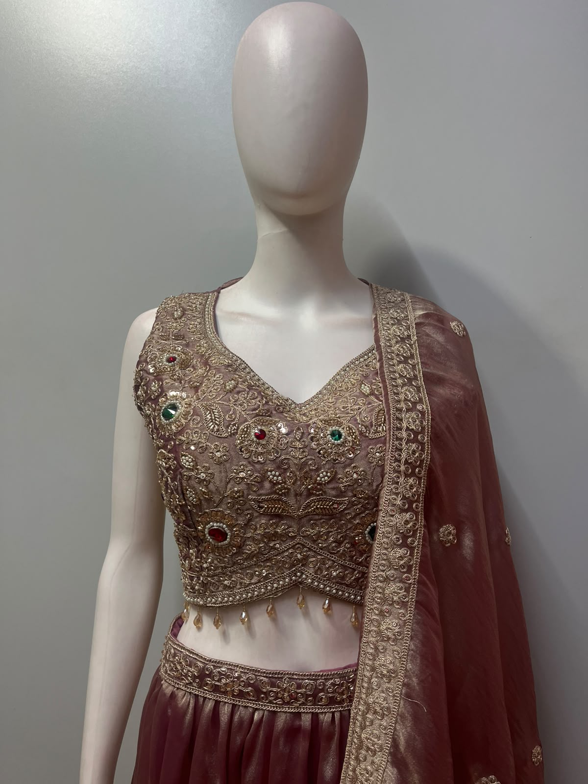 Dusty Mauve Bronze Antique Gold Jewel Lehenga Set