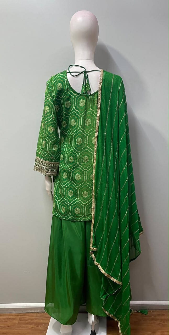 Emerald gold bandhani sharara set from a third angle