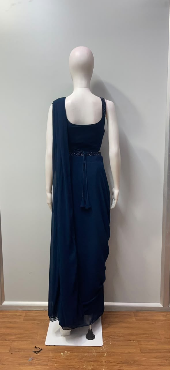 Midnight Navy Crystal Pre-Draped Saree Set