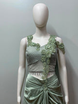 Sage Pearl Floral Draped Saree Set