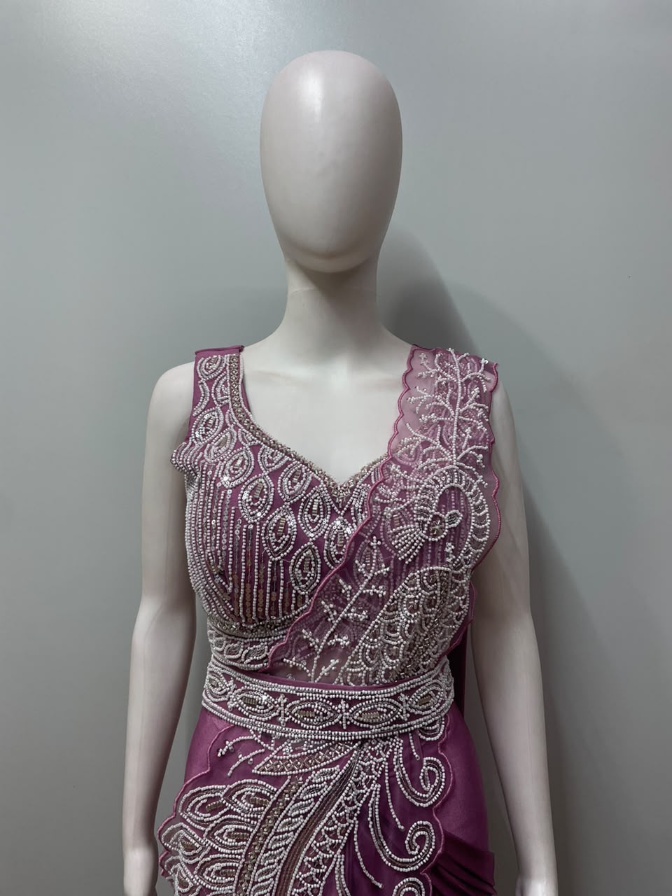 Mauve Silver Peacock Embroidered Draped Saree Set
