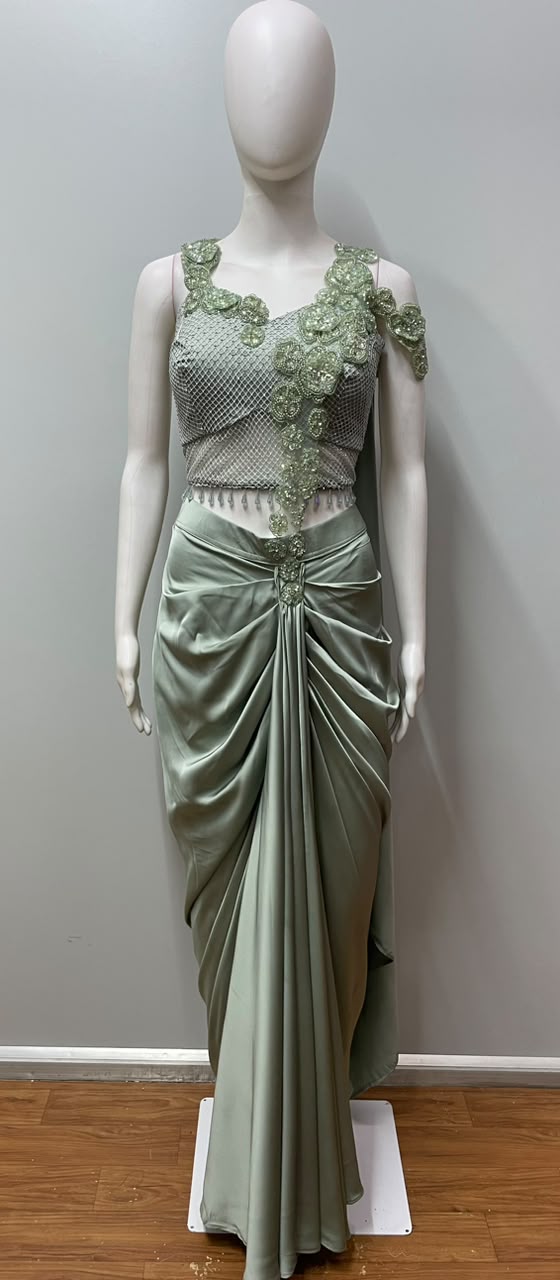 Sage Pearl Floral Draped Saree Set