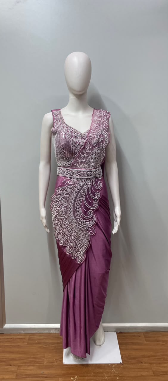 Mauve Silver Peacock Embroidered Draped Saree Set