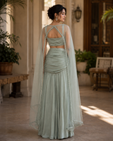 Mint Pearl Draped Cape Lehenga Set