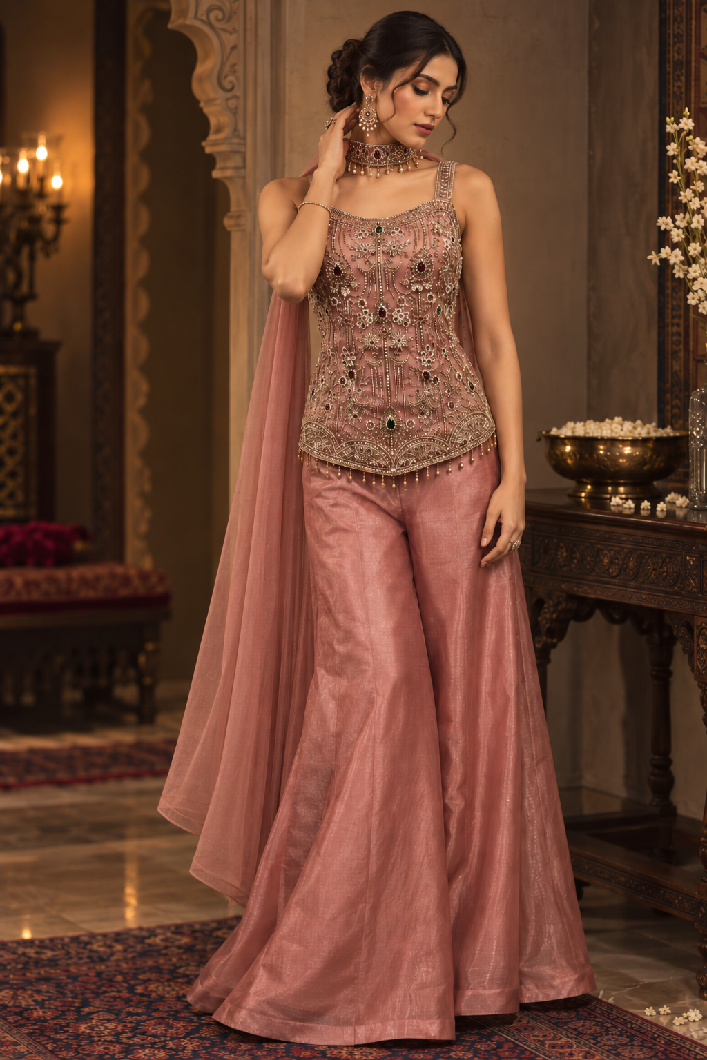 Dusty Rose Multicolor Jewel Palazzo Set