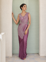 Mauve Silver Peacock Embroidered Draped Saree Set