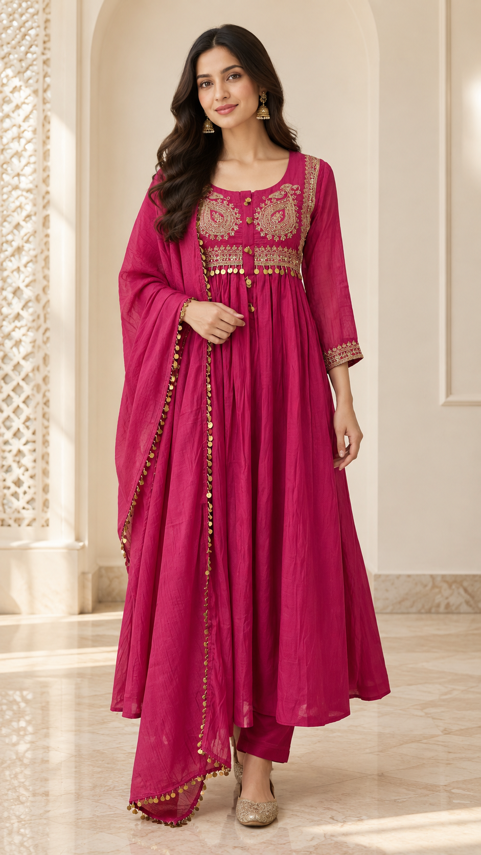 Fuchsia Gold Paisley Anarkali Set