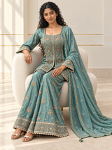 Dusty Turquoise Antique Gold Geometric Sharara Set