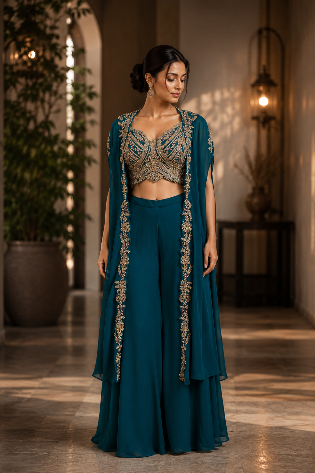 Peacock Jewel Embroidered Cape Palazzo Set
