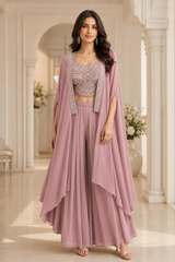 Dusty Rose Mirror Cape Sharara Ensemble