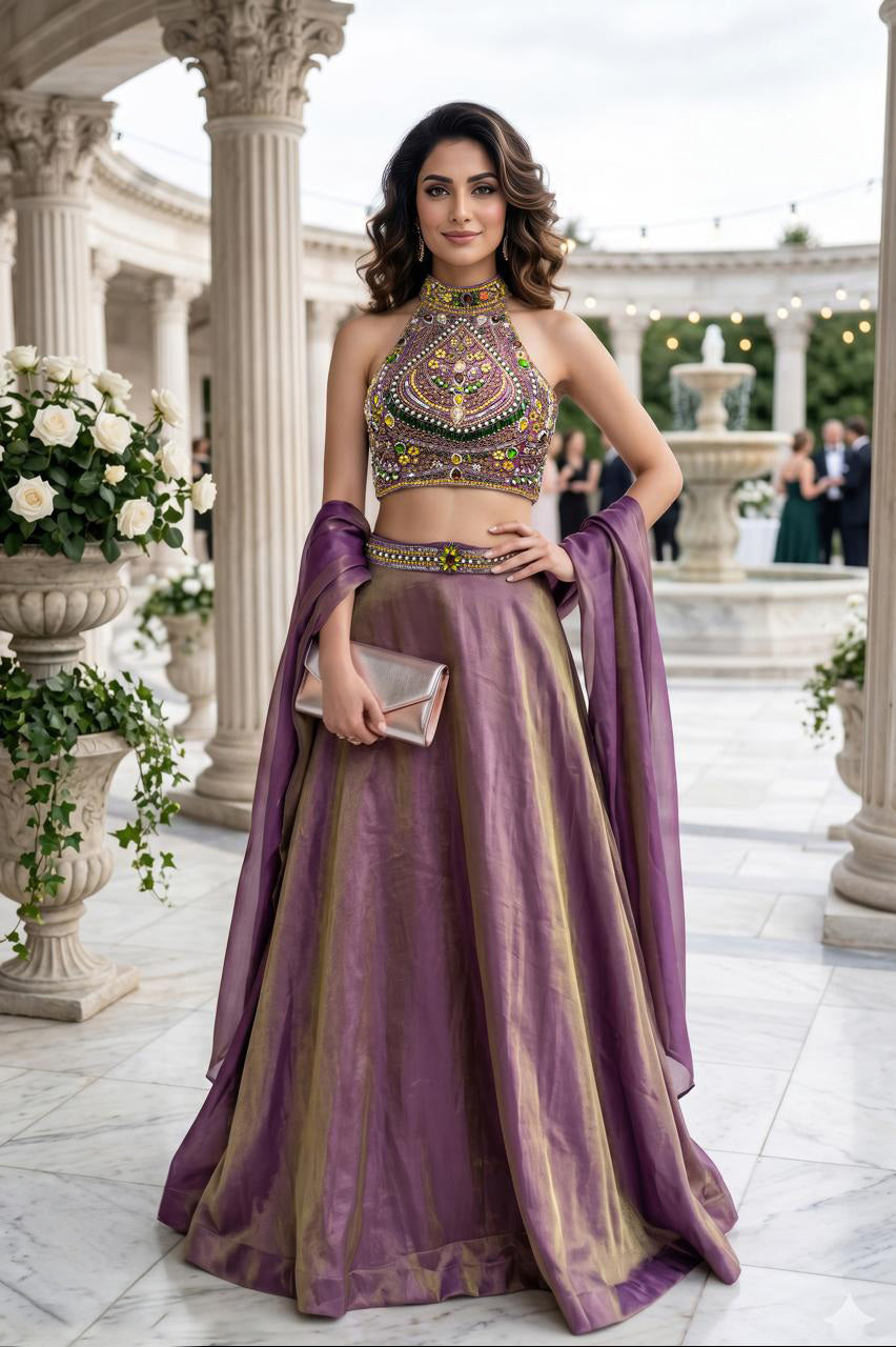 Mauve Gold Halter Lehenga Set