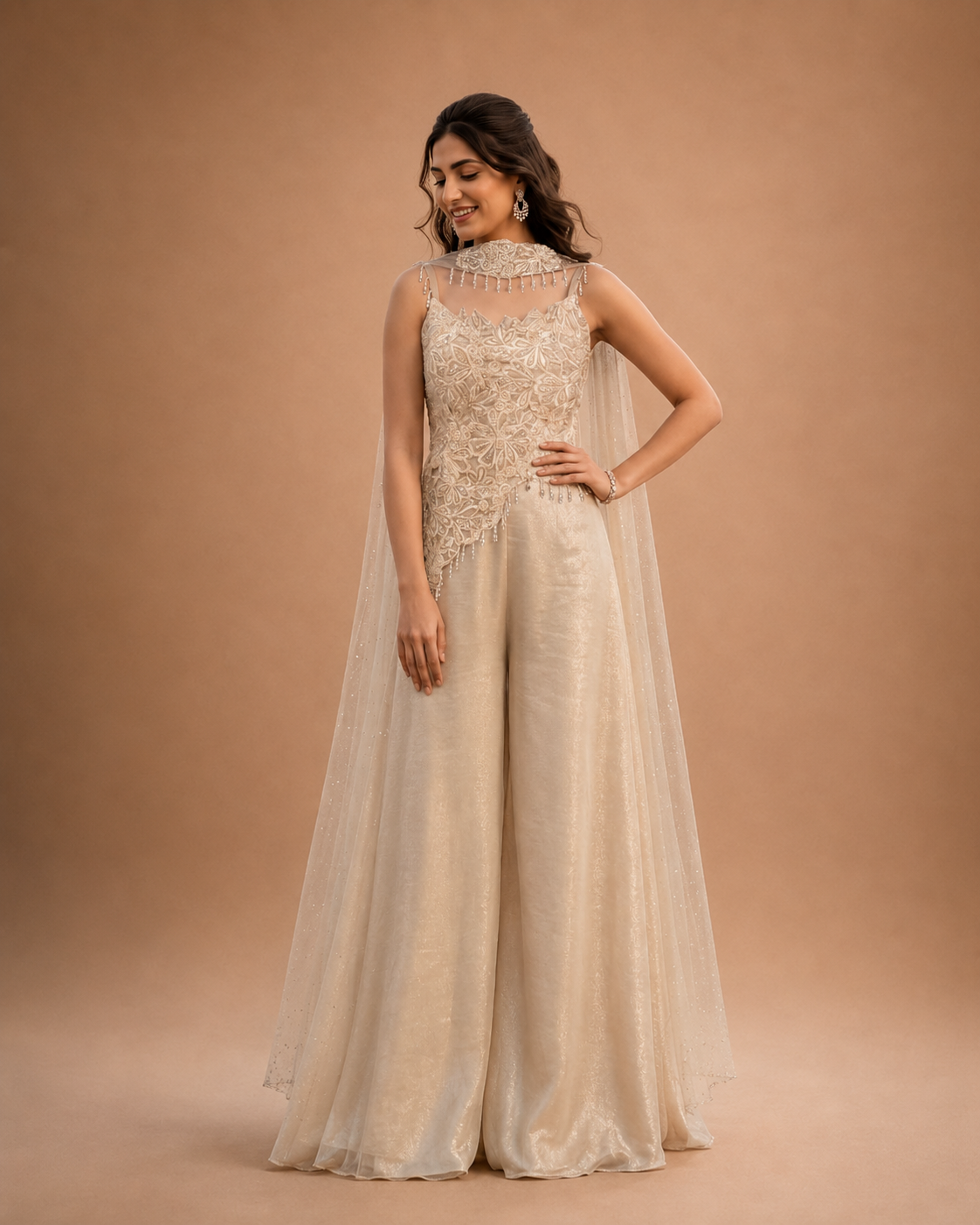 Ivory Pearl Embroidered Palazzo Cape Ensemble