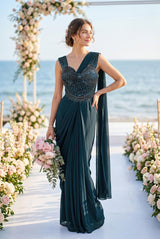 Peacock Pearl Draped Saree Set