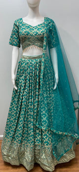 Turquoise Antique Gold Zari Lehenga Ensemble