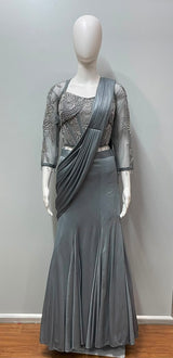 Steel Grey Silver Draped Saree Set