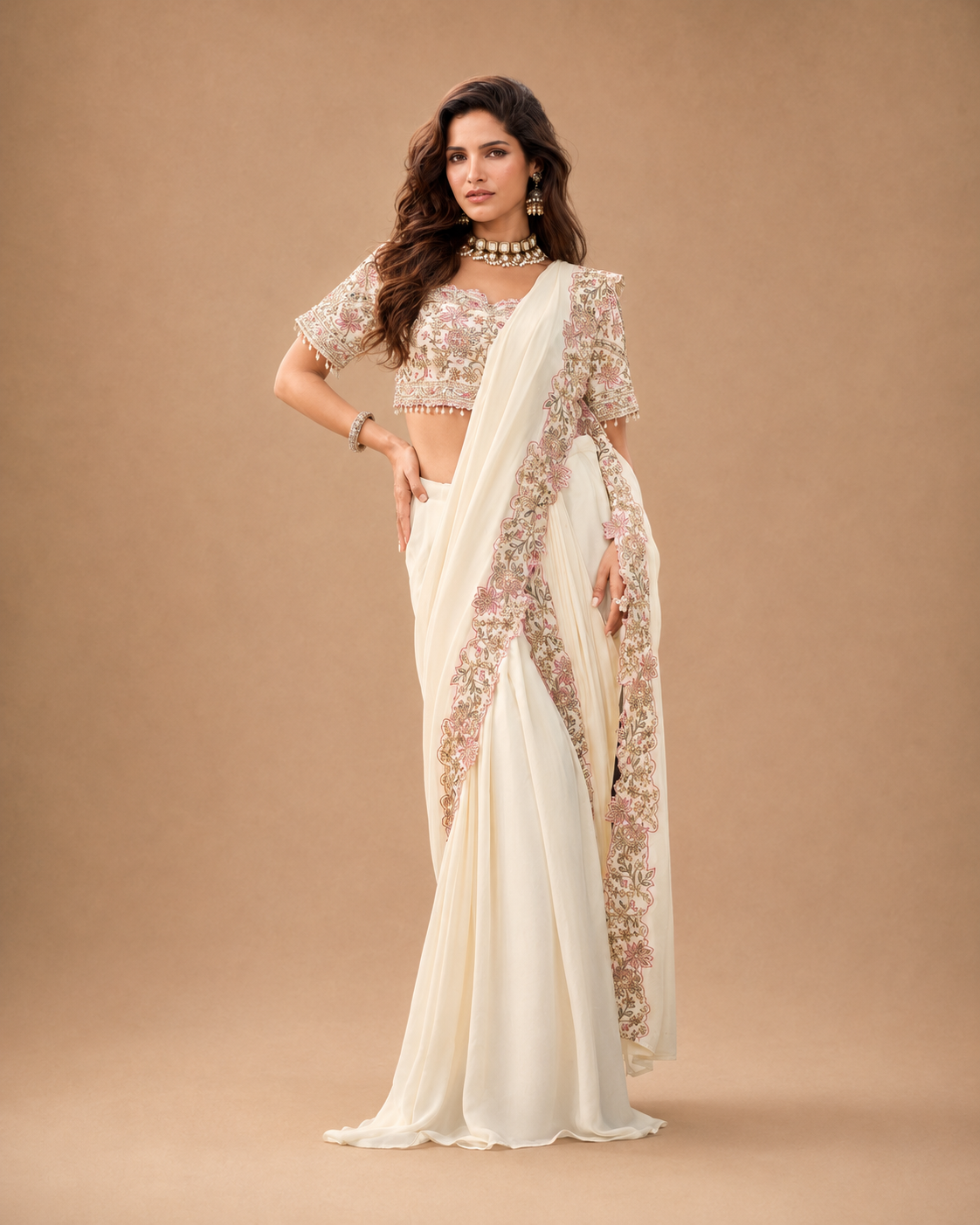 Ivory Pastel Floral Embroidered Saree Ensemble
