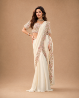 Ivory Pastel Floral Embroidered Saree Ensemble