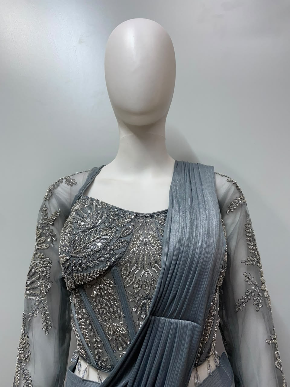 Steel Grey Silver Draped Saree Set