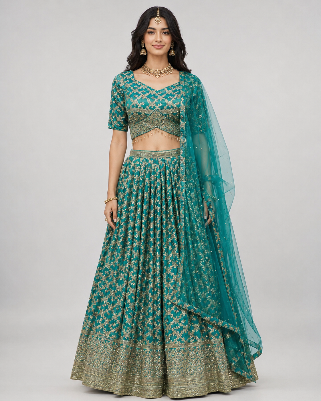 Turquoise Antique Gold Zari Lehenga Ensemble