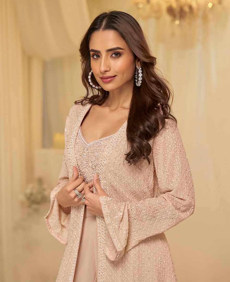 Blush Champagne Embellished Lehenga with Long Sequin Jacket