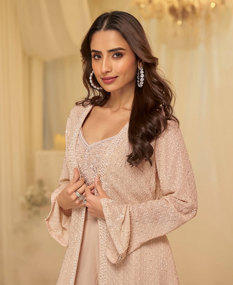 Blush Champagne Embellished Lehenga with Long Sequin Jacket