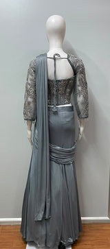 Steel Grey Silver Draped Saree Set