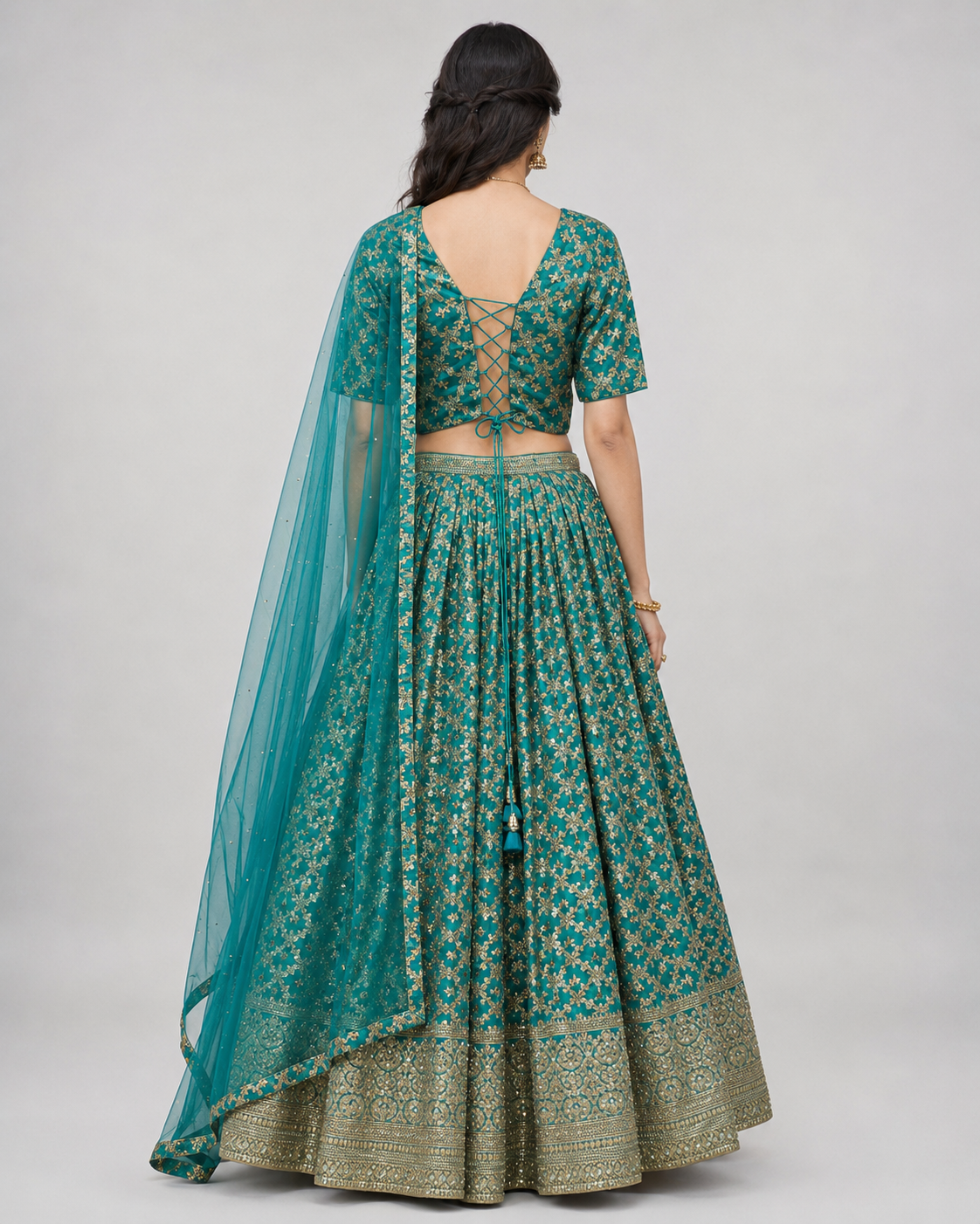 Turquoise Antique Gold Zari Lehenga Ensemble