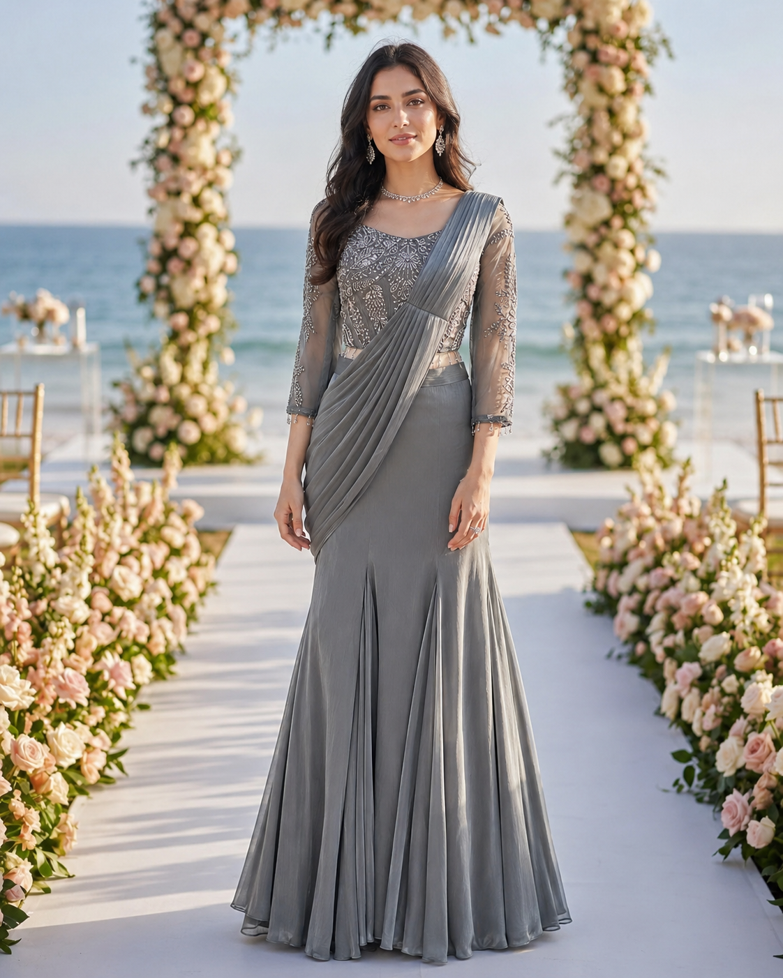 Steel Grey Silver Draped Saree Set