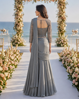 Steel Grey Silver Draped Saree Set